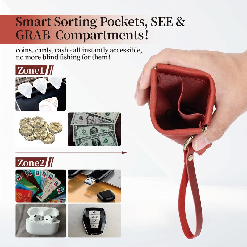 Aesthestyle Leather Coin Pouch with Wristlet, Coin Purse with Dual Interlayer, Card and Change Holder, Change Purse without Zipper, Squeeze Coin Wallet, Handmade Genuine Leather Pouch For Men/Women - Image 2
